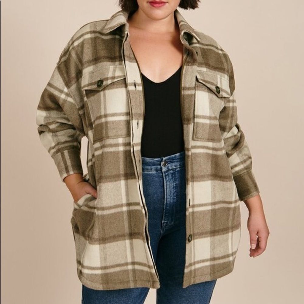 Good American Women’s Olive Wool Blend Plaid Jacket/Shacket Size 1/2